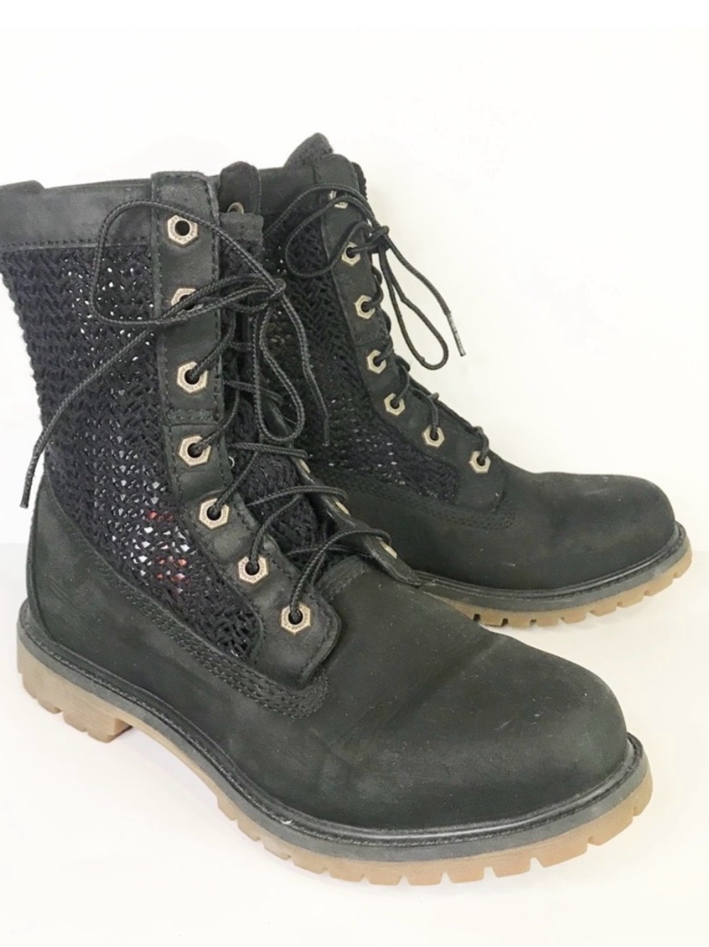 Timberland Black Lace-Up Combat Boots with Tan Lug Sole